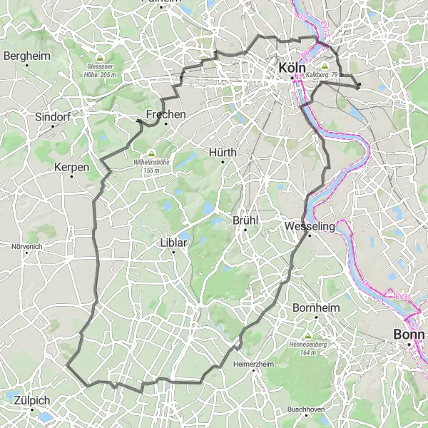 Map miniature of "Höningen Adventure" cycling inspiration in Köln, Germany. Generated by Tarmacs.app cycling route planner