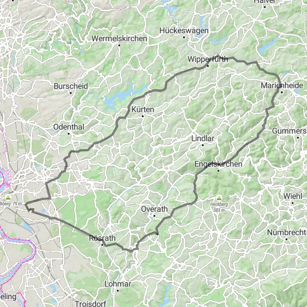 Karten-Miniaturansicht der Radinspiration "Bergische Schleife durch das Aggertal" in Köln, Germany. Erstellt vom Tarmacs.app-Routenplaner für Radtouren