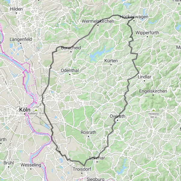 Map miniature of "Hückeswagen and Beyond" cycling inspiration in Köln, Germany. Generated by Tarmacs.app cycling route planner