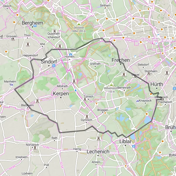 Karten-Miniaturansicht der Radinspiration "Erftquelle und Quarzwerke" in Köln, Germany. Erstellt vom Tarmacs.app-Routenplaner für Radtouren