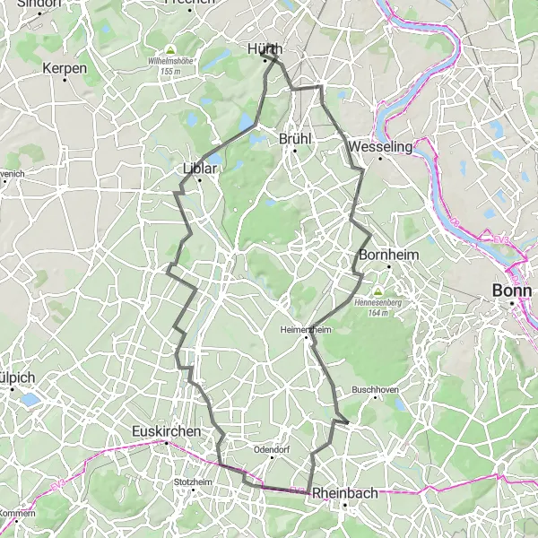 Karten-Miniaturansicht der Radinspiration "Sechtem und Kendenich Radtour" in Köln, Germany. Erstellt vom Tarmacs.app-Routenplaner für Radtouren