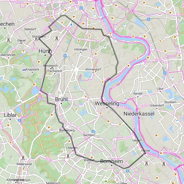 Karten-Miniaturansicht der Radinspiration "Rund um Köln" in Köln, Germany. Erstellt vom Tarmacs.app-Routenplaner für Radtouren