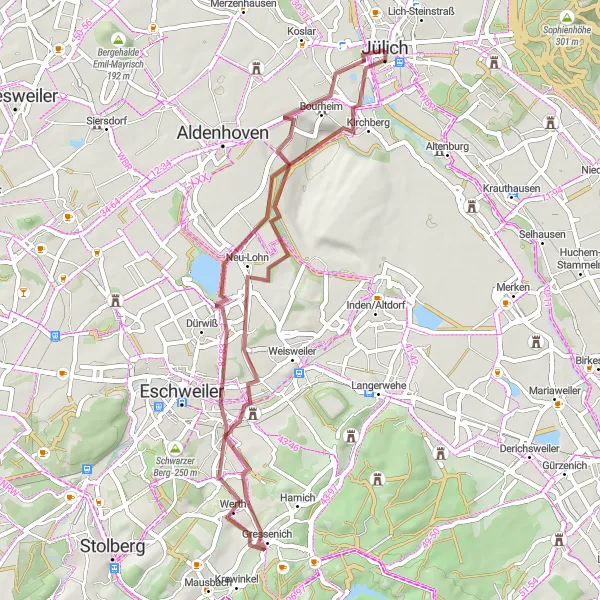 Map miniature of "Inden Tagebau Gravel Adventure" cycling inspiration in Köln, Germany. Generated by Tarmacs.app cycling route planner