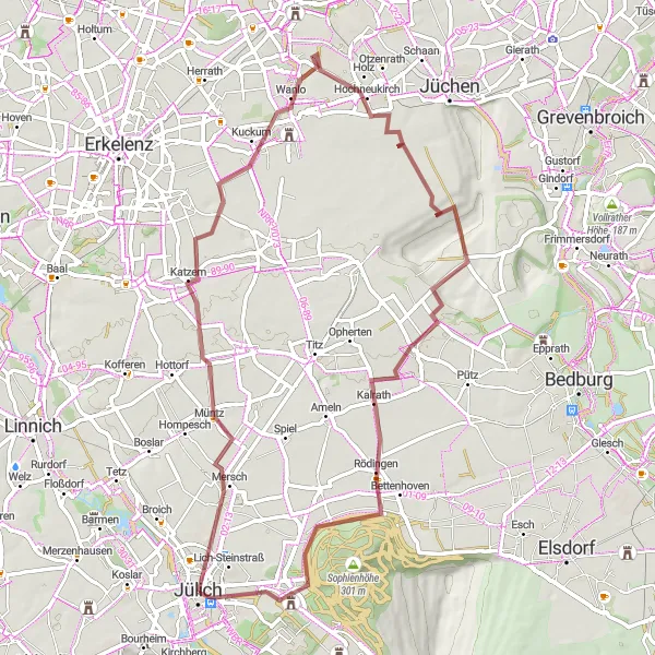 Map miniature of "Jülich-Ralshoven-Hochneukirch Gravel Route" cycling inspiration in Köln, Germany. Generated by Tarmacs.app cycling route planner