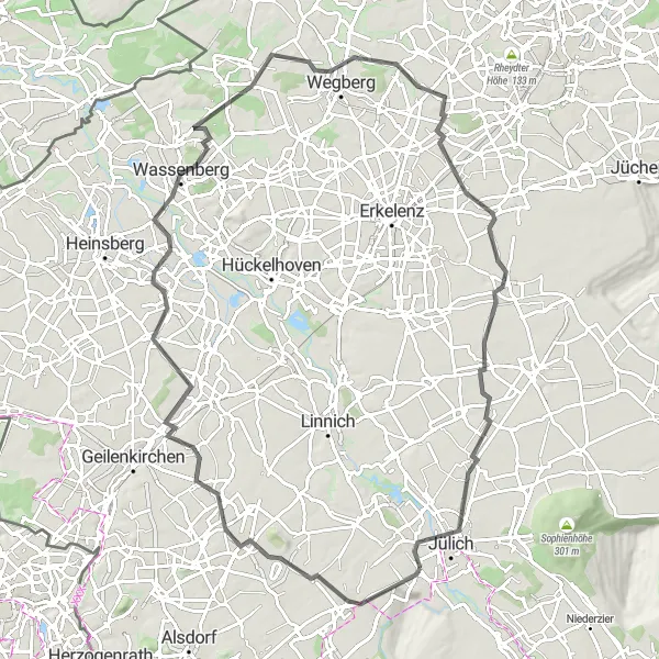 Map miniature of "Jülich-Aldenhoven-Dremmen Cycle Route" cycling inspiration in Köln, Germany. Generated by Tarmacs.app cycling route planner