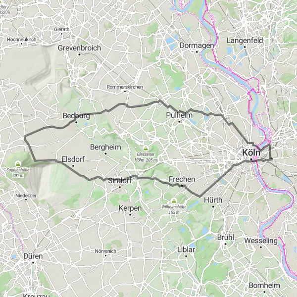 Karten-Miniaturansicht der Radinspiration "Köln - Bedburg Rundfahrt" in Köln, Germany. Erstellt vom Tarmacs.app-Routenplaner für Radtouren