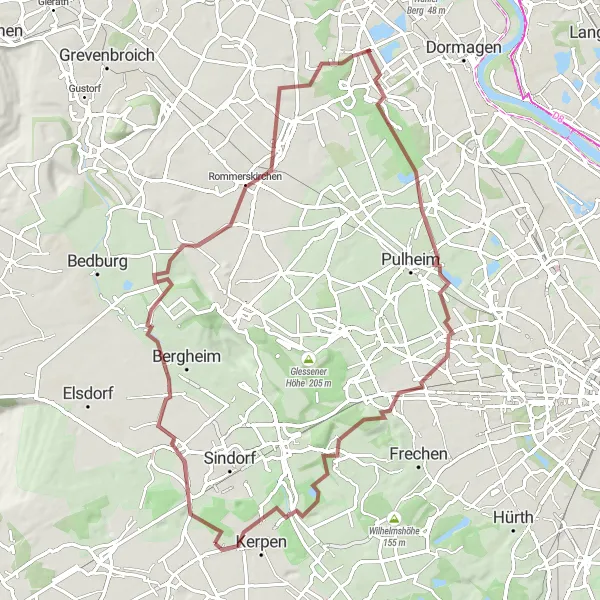 Map miniature of "Gravel Adventure around Kerpen" cycling inspiration in Köln, Germany. Generated by Tarmacs.app cycling route planner