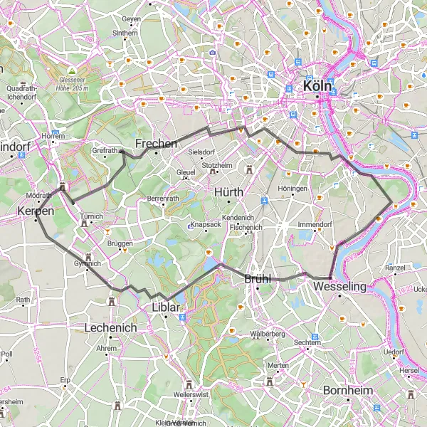 Map miniature of "Frechen Loop" cycling inspiration in Köln, Germany. Generated by Tarmacs.app cycling route planner