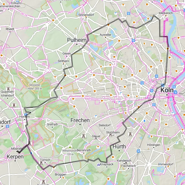 Map miniature of "Historic Ride through Hürth and Kerpen" cycling inspiration in Köln, Germany. Generated by Tarmacs.app cycling route planner