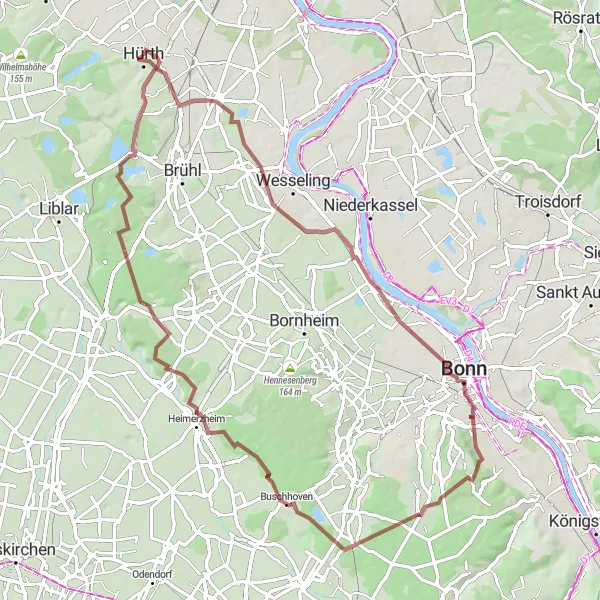 Karten-Miniaturansicht der Radinspiration "Graveltour durch Bonn und Umgebung" in Köln, Germany. Erstellt vom Tarmacs.app-Routenplaner für Radtouren