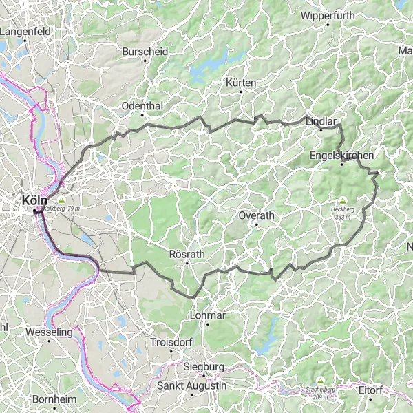 Map miniature of "Lindlar Adventure" cycling inspiration in Köln, Germany. Generated by Tarmacs.app cycling route planner