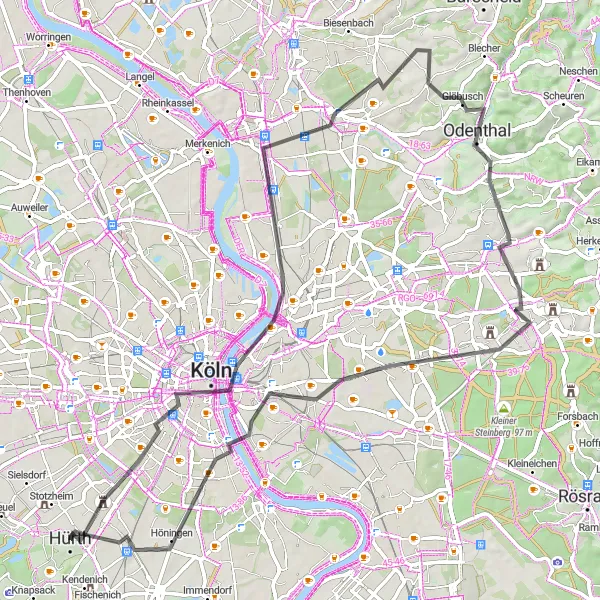 Map miniature of "Cologne and Beyond" cycling inspiration in Köln, Germany. Generated by Tarmacs.app cycling route planner