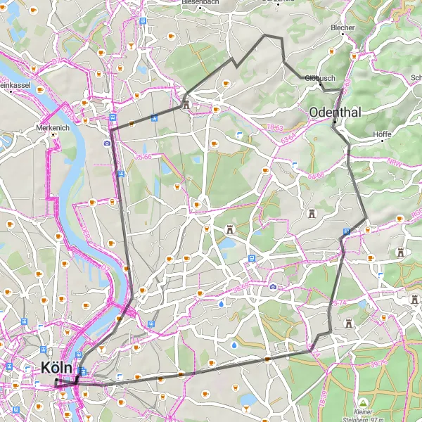 Map miniature of "Beauty of the Region" cycling inspiration in Köln, Germany. Generated by Tarmacs.app cycling route planner