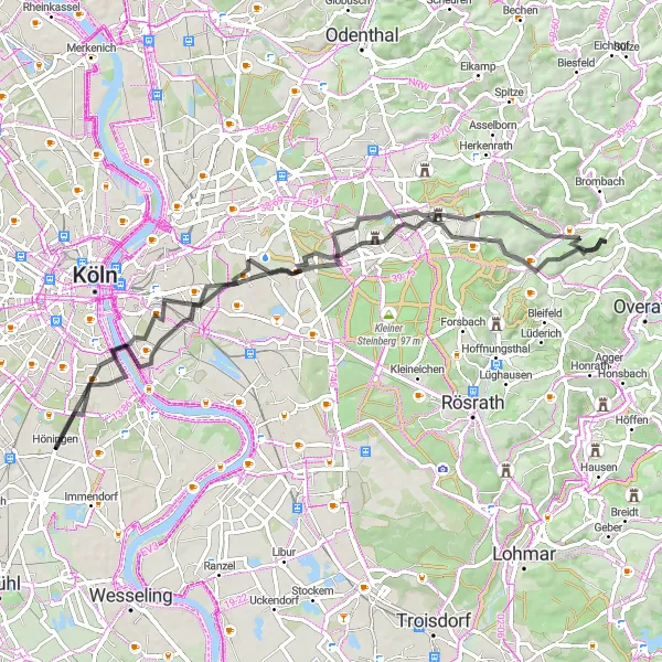 Map miniature of "Köln to Schloss Bensberg Loop" cycling inspiration in Köln, Germany. Generated by Tarmacs.app cycling route planner