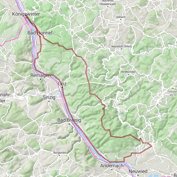 Map miniature of "The Gravel Adventure" cycling inspiration in Köln, Germany. Generated by Tarmacs.app cycling route planner