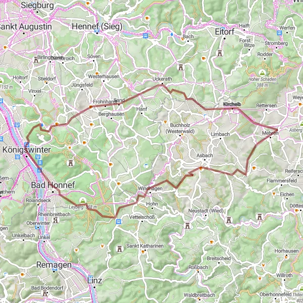 Map miniature of "Königswinter to Oberpleis Gravel Route" cycling inspiration in Köln, Germany. Generated by Tarmacs.app cycling route planner
