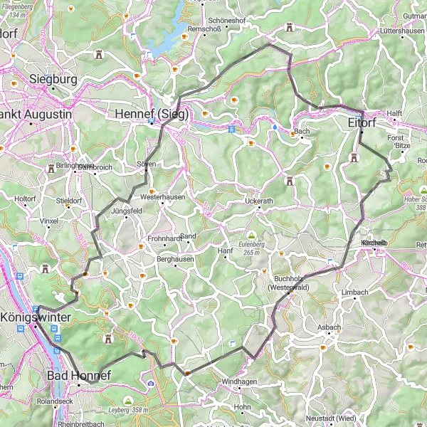 Map miniature of "Challenging Road Cycling Tour with Stunning Views" cycling inspiration in Köln, Germany. Generated by Tarmacs.app cycling route planner