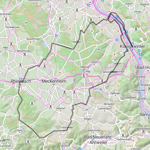 Karten-Miniaturansicht der Radinspiration "Von Königswinter nach Rheinbach und zurück" in Köln, Germany. Erstellt vom Tarmacs.app-Routenplaner für Radtouren