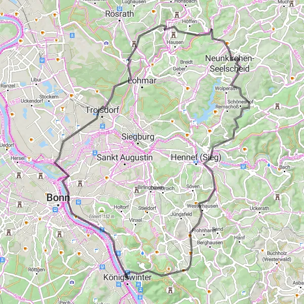 Map miniature of "Scenic Road Cycling Tour near Königswinter" cycling inspiration in Köln, Germany. Generated by Tarmacs.app cycling route planner
