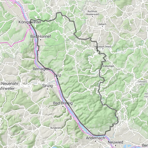 Map miniature of "Königswinter to Andernach Road Route" cycling inspiration in Köln, Germany. Generated by Tarmacs.app cycling route planner