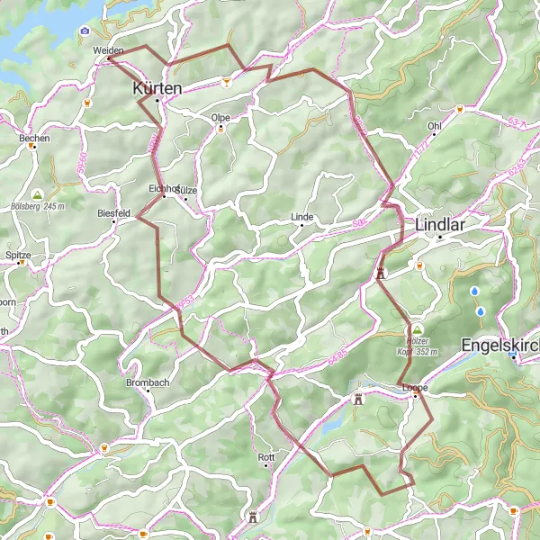 Karten-Miniaturansicht der Radinspiration "Gravelroute um Kürten" in Köln, Germany. Erstellt vom Tarmacs.app-Routenplaner für Radtouren