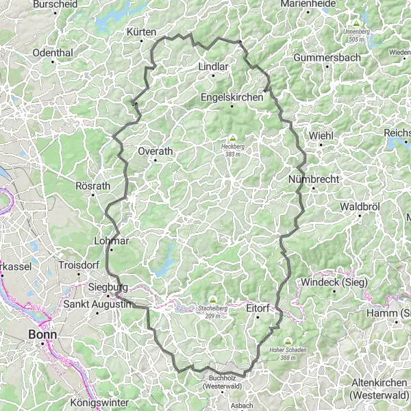 Map miniature of "Mountains and Villages" cycling inspiration in Köln, Germany. Generated by Tarmacs.app cycling route planner