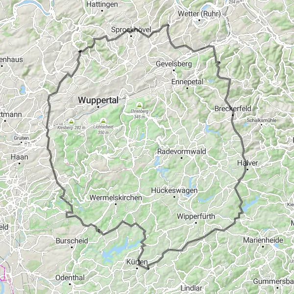 Map miniature of "Kürten Roundabout" cycling inspiration in Köln, Germany. Generated by Tarmacs.app cycling route planner