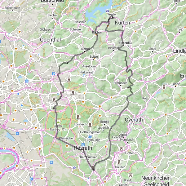Map miniature of "Cycling through Kürten and Dhünn-Talsperre" cycling inspiration in Köln, Germany. Generated by Tarmacs.app cycling route planner