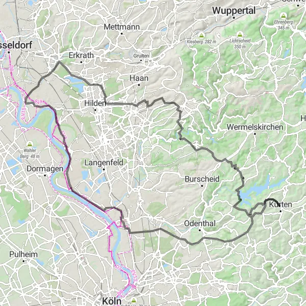 Map miniature of "Exploring Leverkusen and Solingen by Road Bike" cycling inspiration in Köln, Germany. Generated by Tarmacs.app cycling route planner