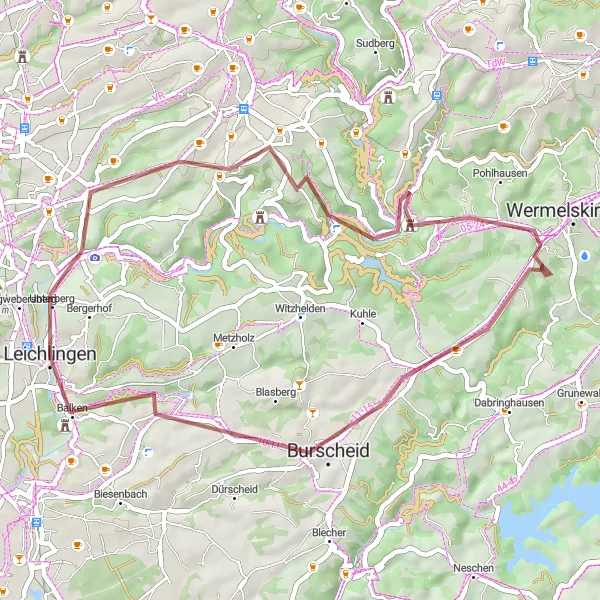 Map miniature of "Gravel Route - Leichlingen to Wietsche" cycling inspiration in Köln, Germany. Generated by Tarmacs.app cycling route planner