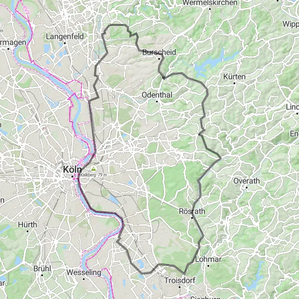 Karten-Miniaturansicht der Radinspiration "Rennradabenteuer durch das Bergische Land" in Köln, Germany. Erstellt vom Tarmacs.app-Routenplaner für Radtouren