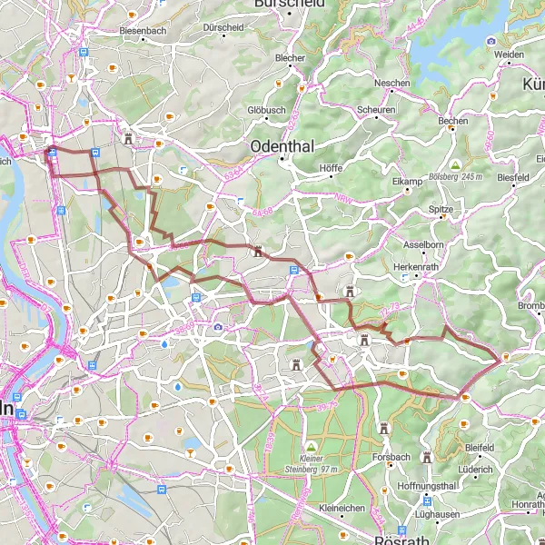 Karten-Miniaturansicht der Radinspiration "Abenteuerliche Graveltour um Leverkusen" in Köln, Germany. Erstellt vom Tarmacs.app-Routenplaner für Radtouren