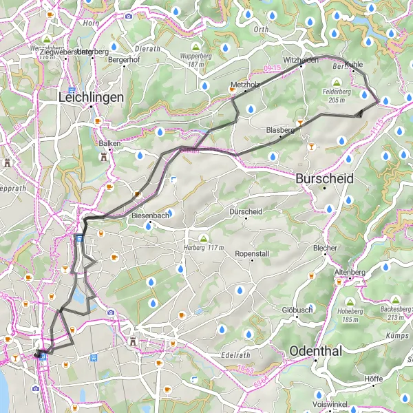 Karten-Miniaturansicht der Radinspiration "Kurze Radtour um Leverkusen" in Köln, Germany. Erstellt vom Tarmacs.app-Routenplaner für Radtouren