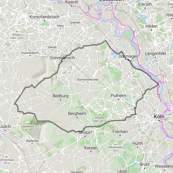 Karten-Miniaturansicht der Radinspiration "Radtour um Leverkusen nach Köln" in Köln, Germany. Erstellt vom Tarmacs.app-Routenplaner für Radtouren
