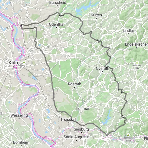 Karten-Miniaturansicht der Radinspiration "Schnorrenberg Panorama Tour" in Köln, Germany. Erstellt vom Tarmacs.app-Routenplaner für Radtouren