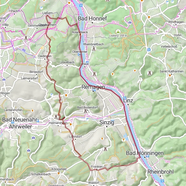 Map miniature of "The Gravel Expedition to Heldenköpfchen and Landskrone" cycling inspiration in Köln, Germany. Generated by Tarmacs.app cycling route planner