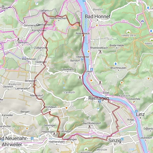 Map miniature of "The Gravel Adventure to Heldenköpfchen and Felten Turm" cycling inspiration in Köln, Germany. Generated by Tarmacs.app cycling route planner