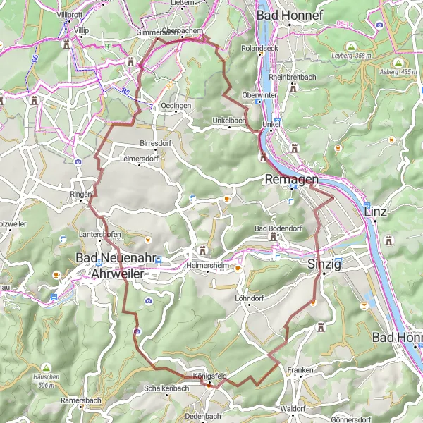 Map miniature of "The Gravel Tour of Gimmersdorf and Erpeler Ley" cycling inspiration in Köln, Germany. Generated by Tarmacs.app cycling route planner