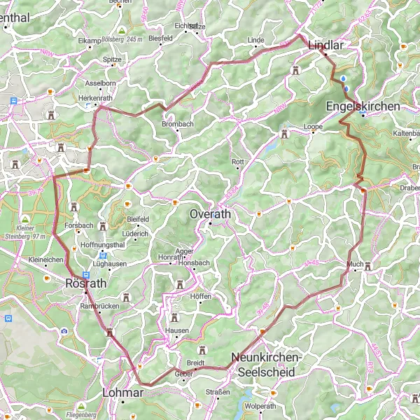 Karten-Miniaturansicht der Radinspiration "Engelskirchen - Rösrath Gravelabenteuer" in Köln, Germany. Erstellt vom Tarmacs.app-Routenplaner für Radtouren