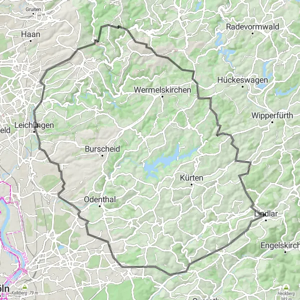 Karten-Miniaturansicht der Radinspiration "Rund um Lindlar und Bergisch Gladbach" in Köln, Germany. Erstellt vom Tarmacs.app-Routenplaner für Radtouren