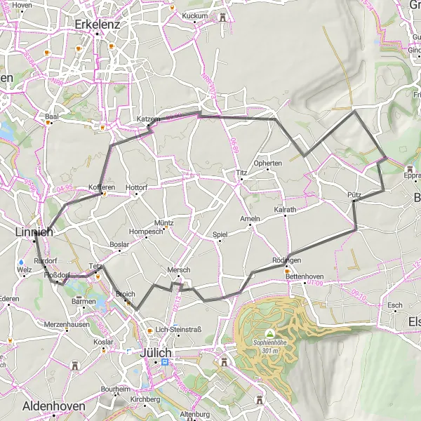 Map miniature of "Bouslar and Jackerath Circuit" cycling inspiration in Köln, Germany. Generated by Tarmacs.app cycling route planner