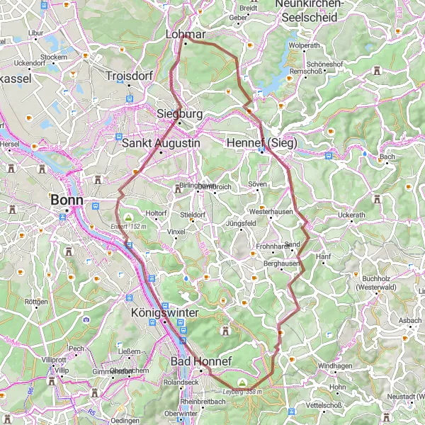 Map miniature of "Gravel Escape" cycling inspiration in Köln, Germany. Generated by Tarmacs.app cycling route planner