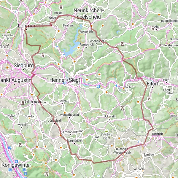 Map miniature of "Scenic Gravel Trails and Challenging Climbs" cycling inspiration in Köln, Germany. Generated by Tarmacs.app cycling route planner