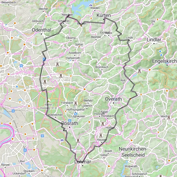 Karten-Miniaturansicht der Radinspiration "Straßenfahrt durch das Bergische Land" in Köln, Germany. Erstellt vom Tarmacs.app-Routenplaner für Radtouren