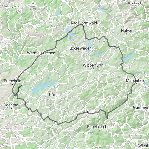 Map miniature of "Roads of Lindlar" cycling inspiration in Köln, Germany. Generated by Tarmacs.app cycling route planner