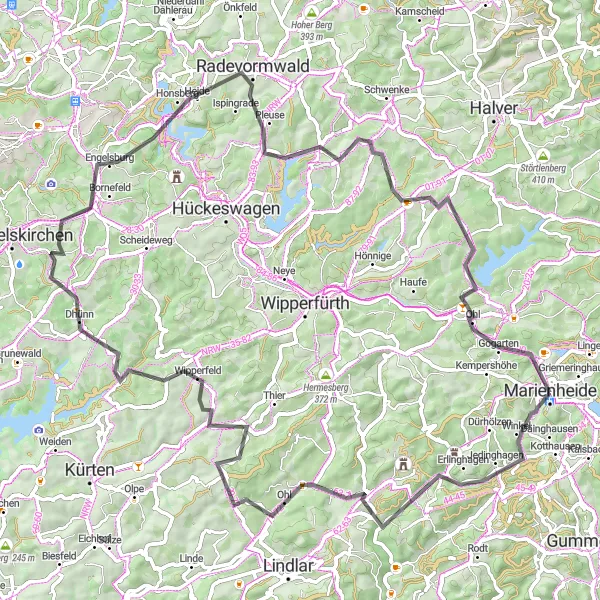 Map miniature of "Marienheide to Radevormwald Circuit" cycling inspiration in Köln, Germany. Generated by Tarmacs.app cycling route planner