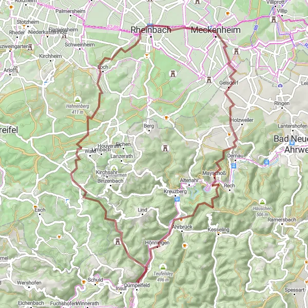 Karten-Miniaturansicht der Radinspiration "Meckenheim - Dernau - Pätt Nöck - Effelsberg - Speckelstein - Römische Wasserleitung - Meckenheim" in Köln, Germany. Erstellt vom Tarmacs.app-Routenplaner für Radtouren