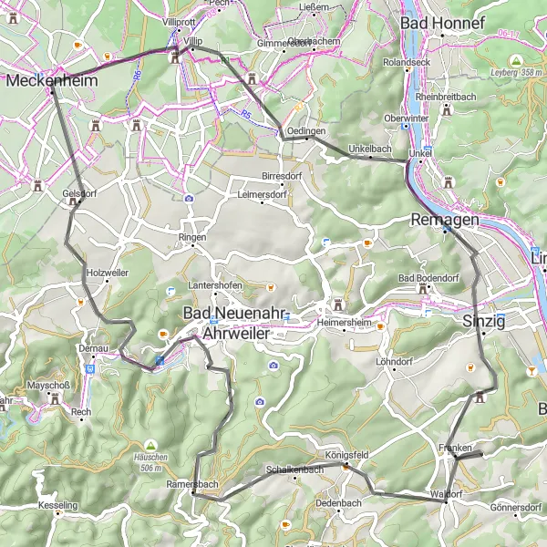 Karten-Miniaturansicht der Radinspiration "Meckenheim - Burg Gudenau - Ahrweiler - Gelsdorf - Meckenheim" in Köln, Germany. Erstellt vom Tarmacs.app-Routenplaner für Radtouren