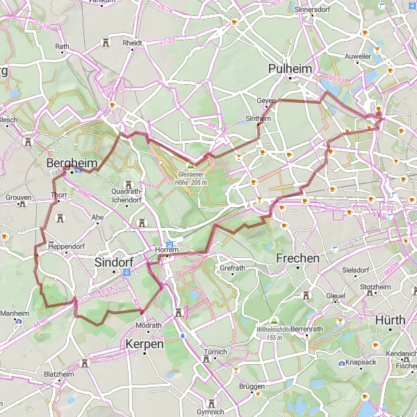 Map miniature of "Countryside Gravel Escapade" cycling inspiration in Köln, Germany. Generated by Tarmacs.app cycling route planner