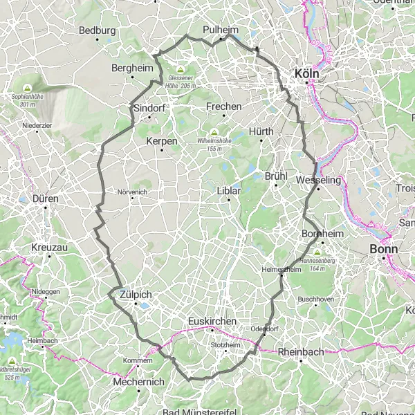 Karten-Miniaturansicht der Radinspiration "Rhein-Erft-Runde" in Köln, Germany. Erstellt vom Tarmacs.app-Routenplaner für Radtouren